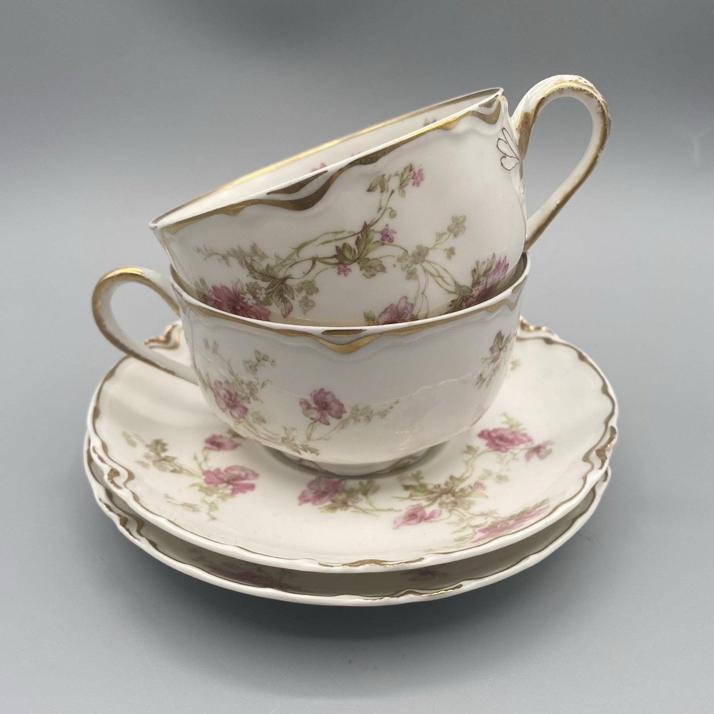 Haviland Limoges Pink Flowers Gold Gilt Trim 2‎ Sets Teacup Saucer France Cup